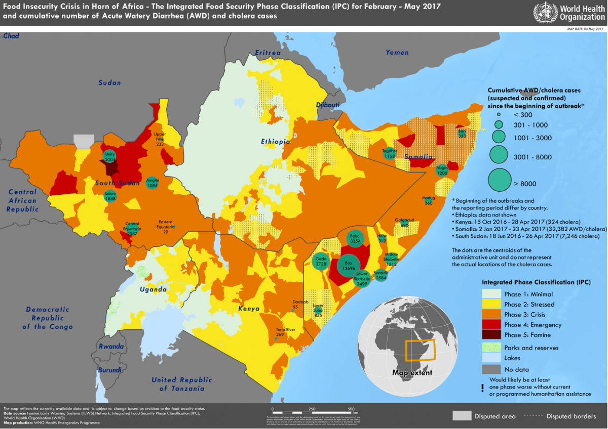 Slika 1. Področja izbruhov kolere v Afriki, 2017